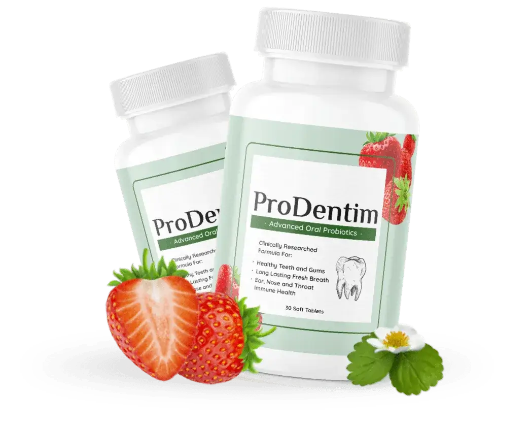 ProDentim oral probiotic bottle with strawberries